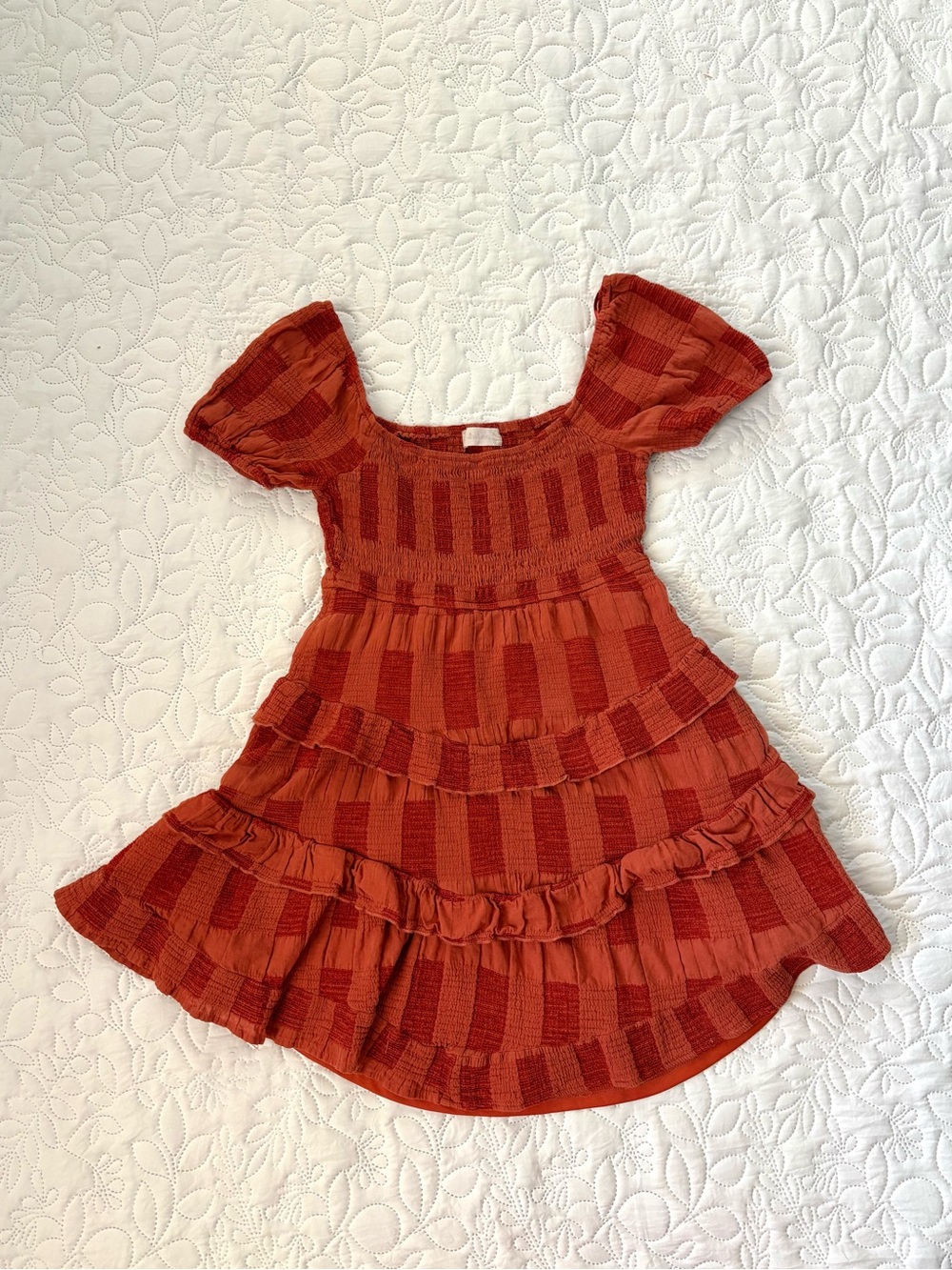 Altar'd State Orange Smocked Puff Sleeve Tiered Mini Dress Boho Medium